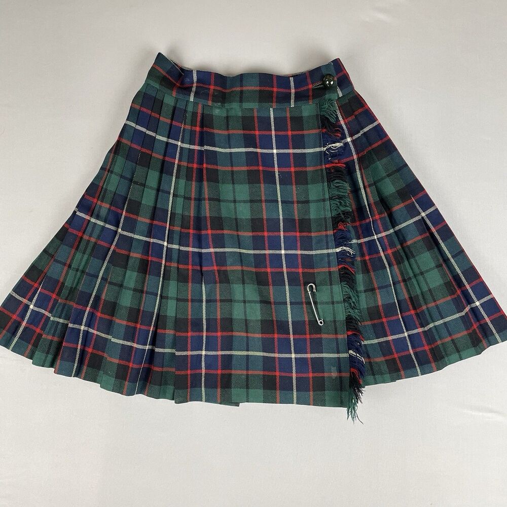 Vintage School Girl Plaid Skirt 1990s XS Green Tartan Scottish Leather Straps